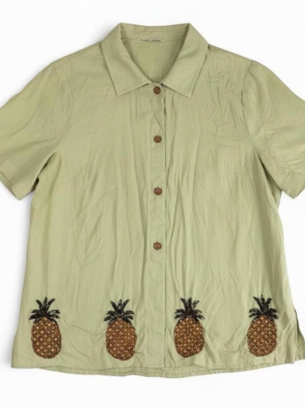 Vintage Beaded Pineapple Green Linen Top Womens Xlarge